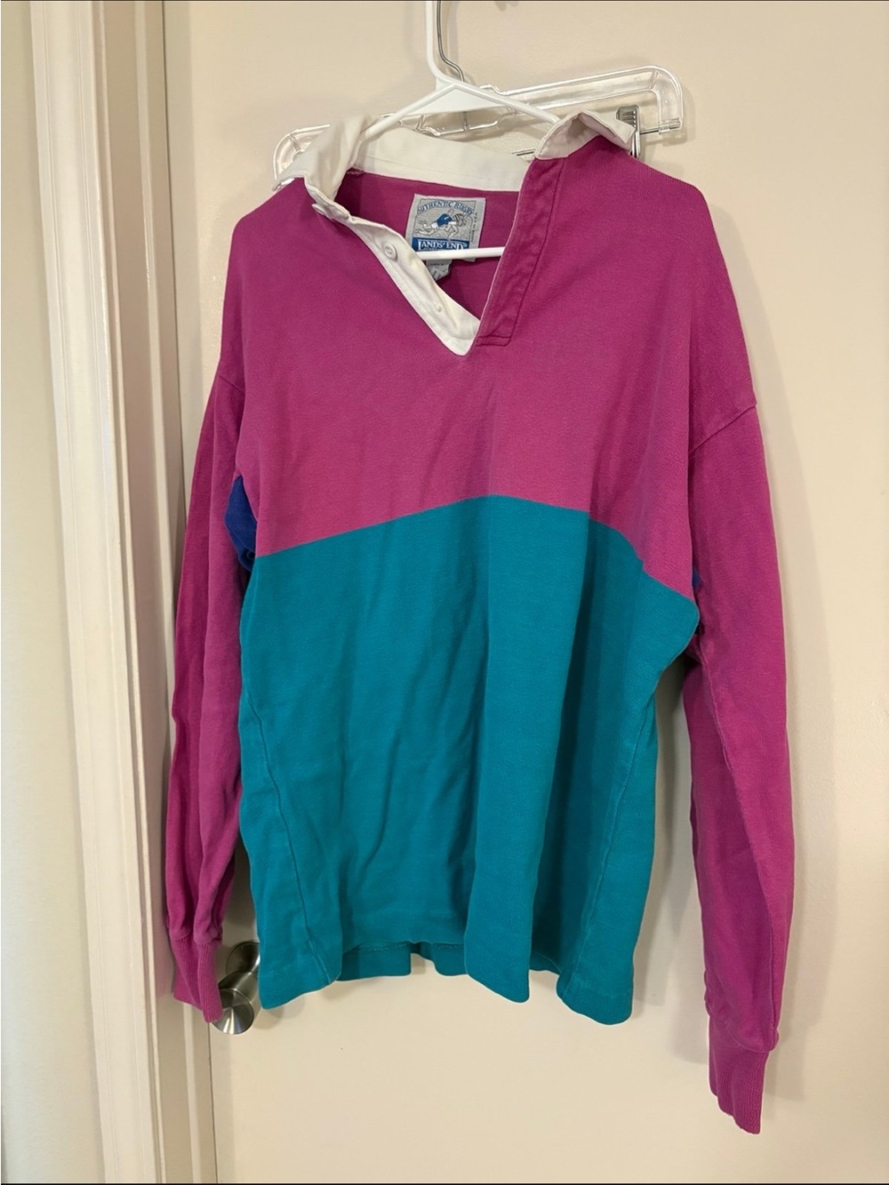 Lands' End Kids Colorblock Rugby Shirt in Magenta & Teal with White Collar